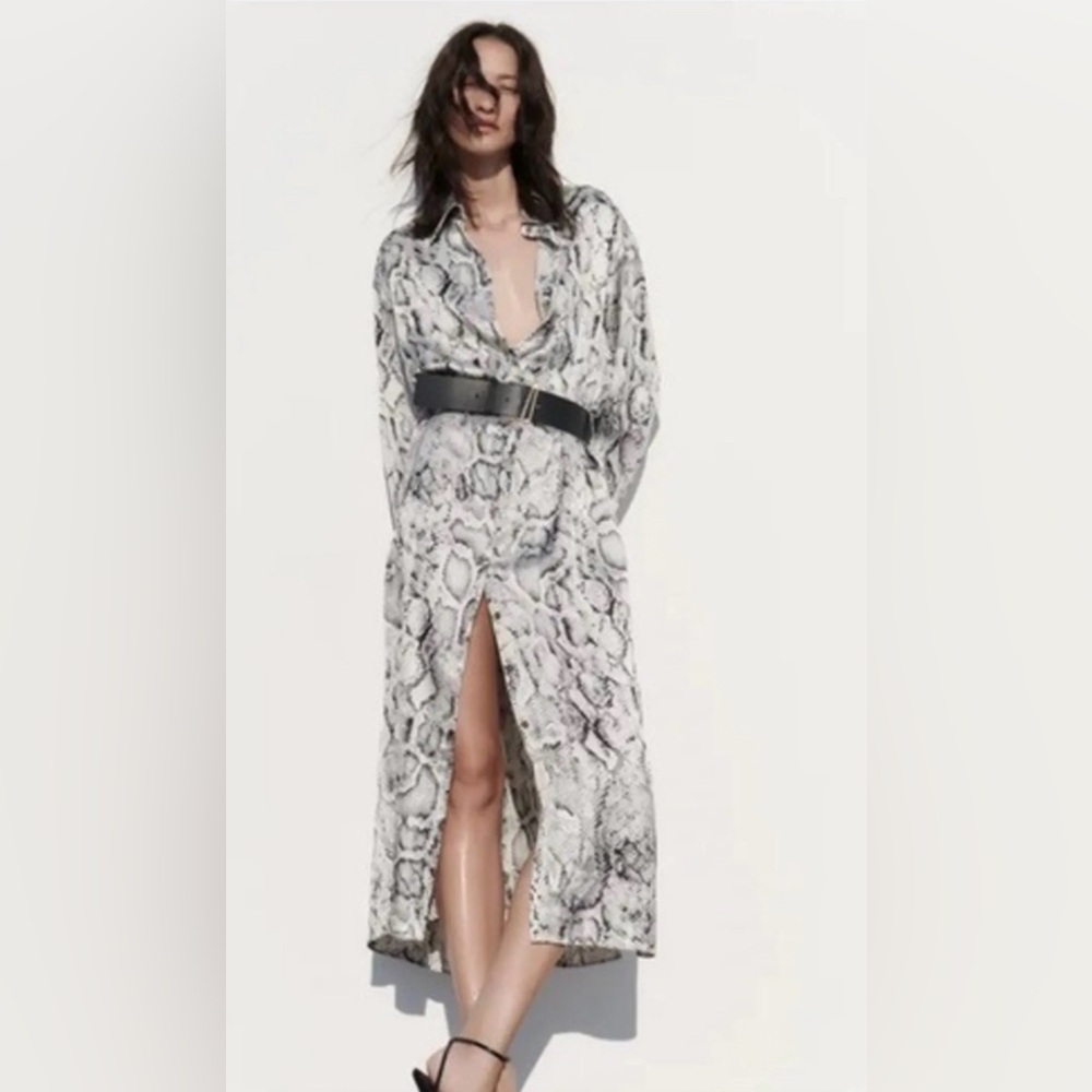 Zara satin Black and White Snakeskin Dress with Belt